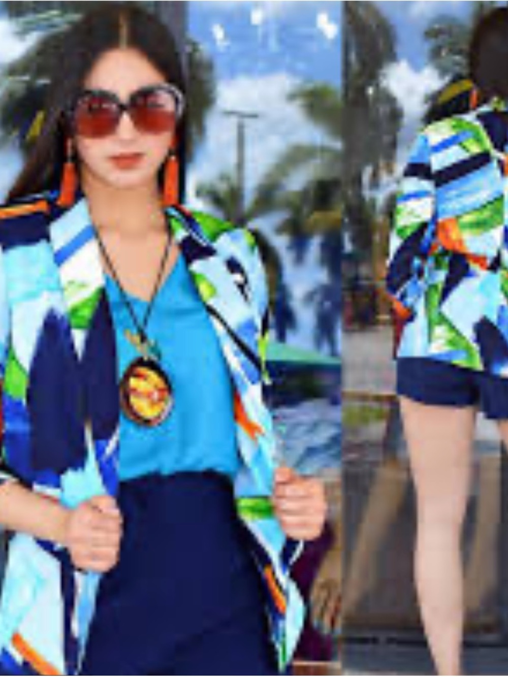 Ovi Multicolor Abstract Print Blazer in Blue, Green & Orange